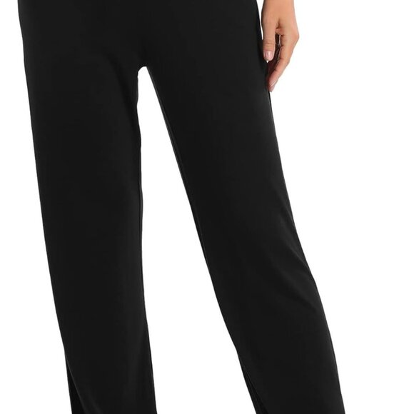 Pants - Women's Straight Leg Long Pants Elastic High Waist Drawstring Casual Trousers wi